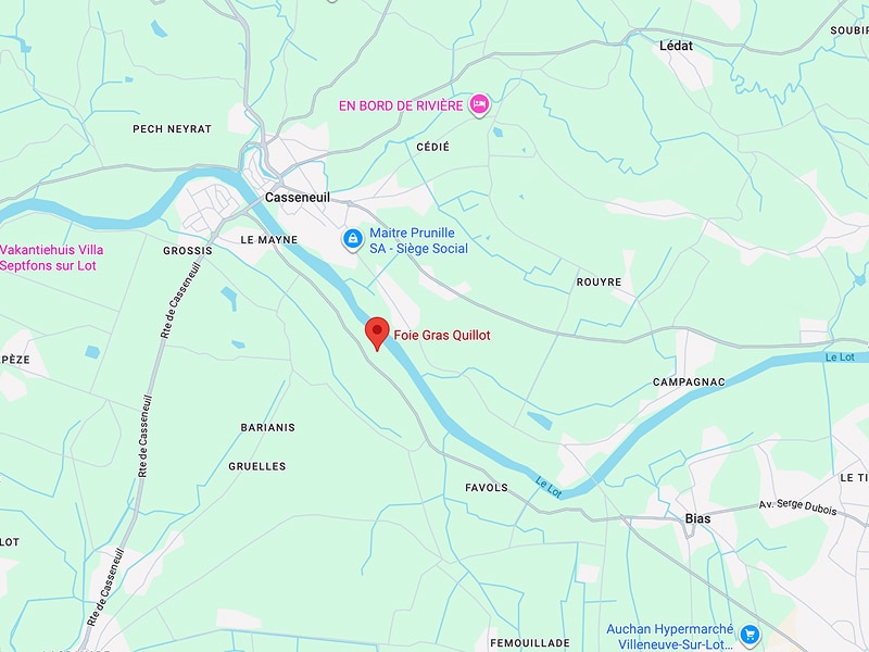 Foie Gras Quillot Casseneuil : Carte et Localisation Carte localisant Foie Gras Quillot près de Casseneuil, sur la rive du Lot, avec Maître Prunille SA à proximité.