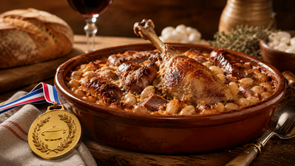 Cassoulet traditionnel au canard et saucisses avec médaille d'or dans un plat en terre cuite.